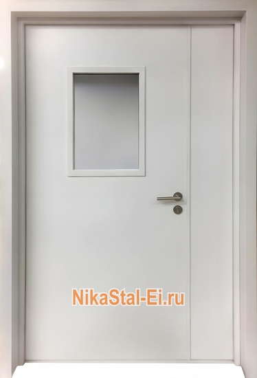 Полуторная противопожарная дверь ДПМ с остеклением ei-60 и двухсекционными петлями